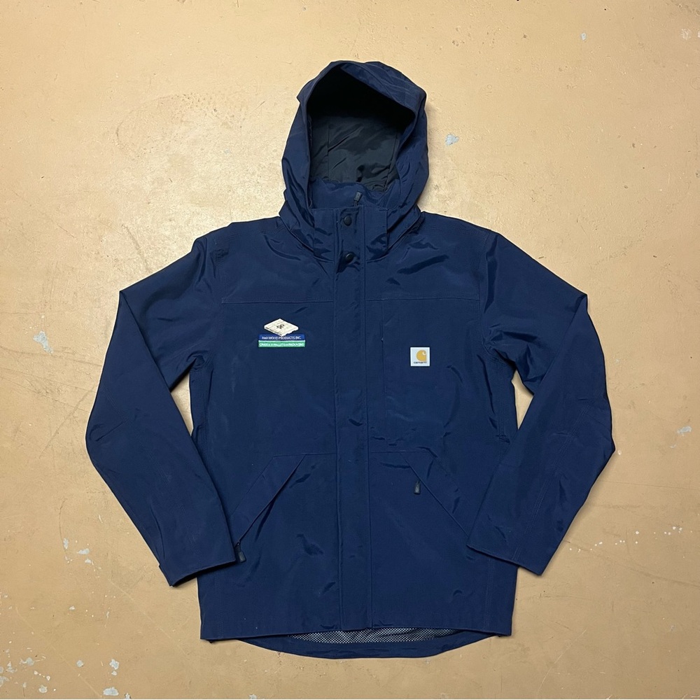Carhartt Men's Storm Defender Navy Jacket Small Loose Fit Oversized Embroidered